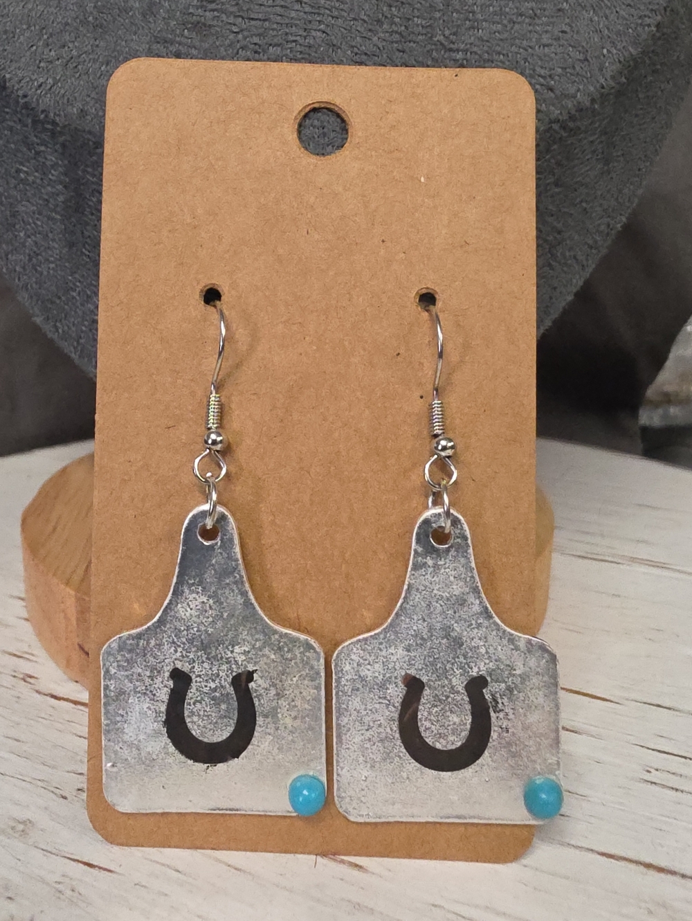 Metal Silver Cattle Ear Tag Horseshoe Drop Earrings with Turquoise Color Accent